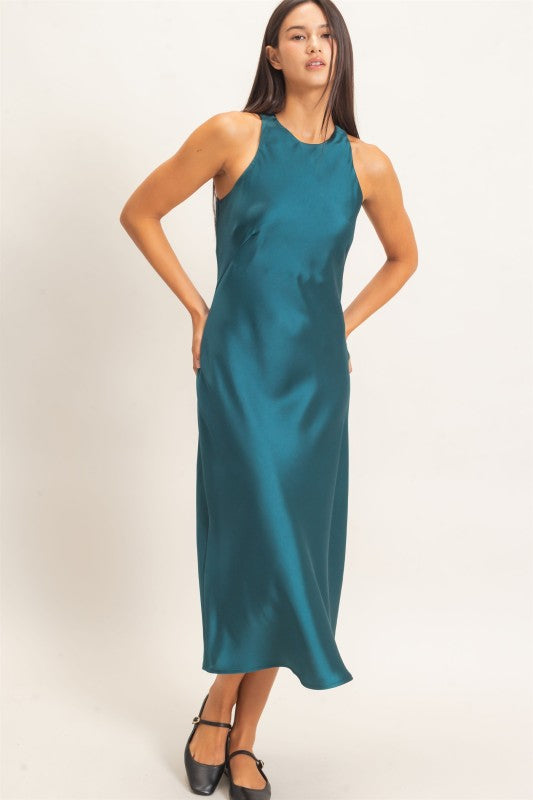 Women's Sleeveless Satin Midi Dark Teal Dress