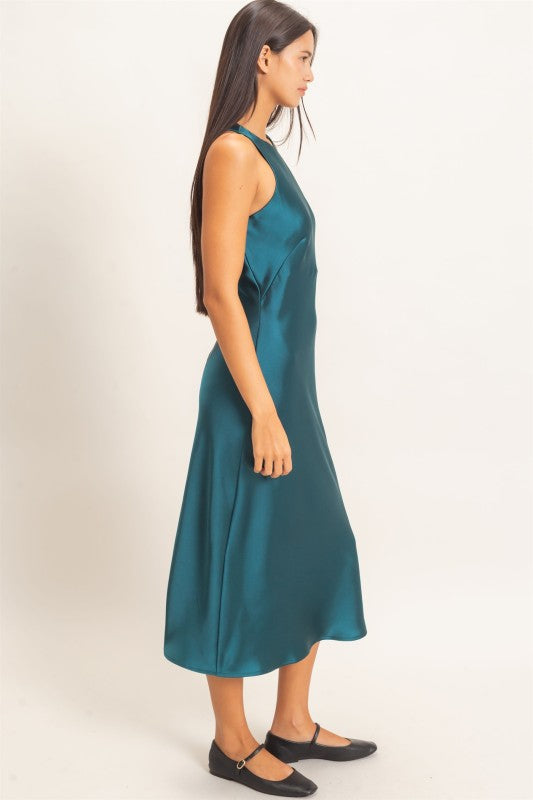 Women's Sleeveless Satin Midi Dark Teal Dress