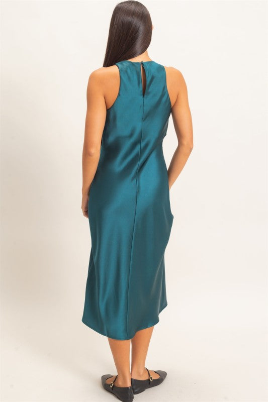 Women's Sleeveless Satin Midi Dark Teal Dress