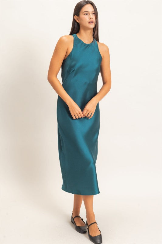Women's Sleeveless Satin Midi Dark Teal Dress
