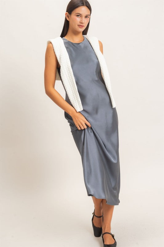 Women's Sleeveless Satin Midi Dark Gray Dress