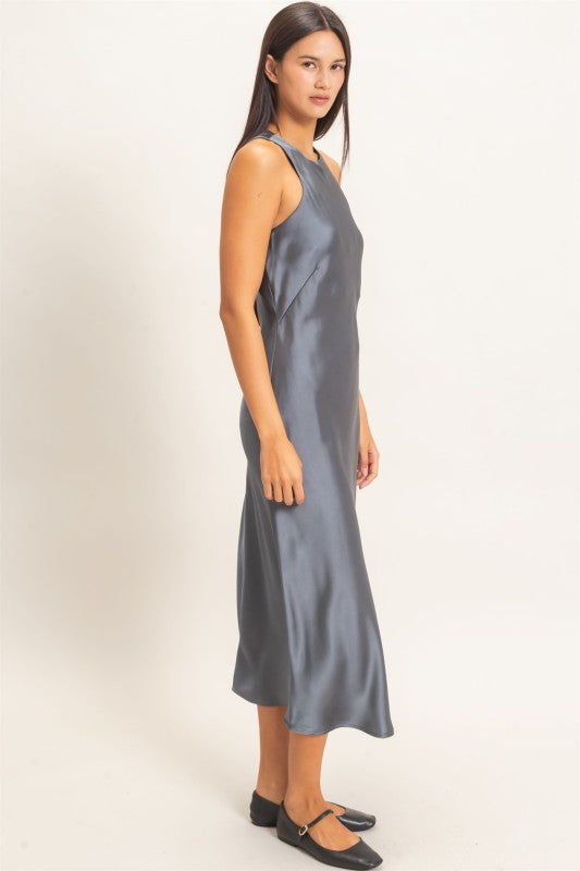 Women's Sleeveless Satin Midi Dark Gray Dress
