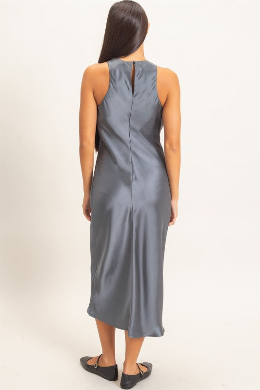 Women's Sleeveless Satin Midi Dark Gray Dress