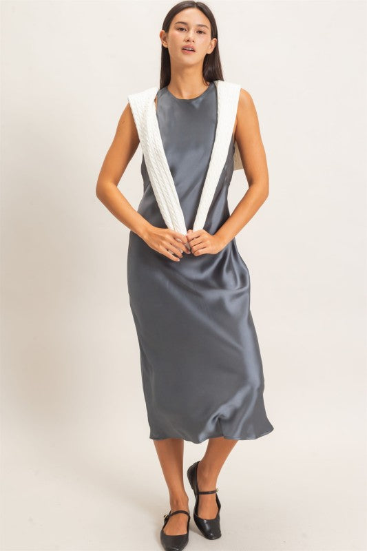 Women's Sleeveless Satin Midi Dark Gray Dress