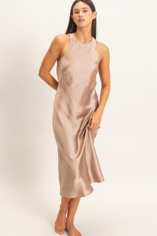 Women's Sleeveless Satin Midi Dark Taupe Dress