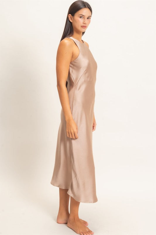 Women's Sleeveless Satin Midi Dark Taupe Dress