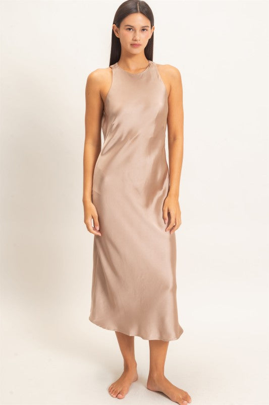 Women's Sleeveless Satin Midi Dark Taupe Dress