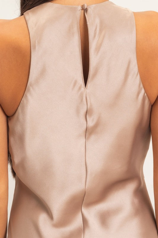 Women's Sleeveless Satin Midi Dark Taupe Dress