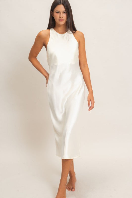Women's Sleeveless Satin Midi Cream Dress