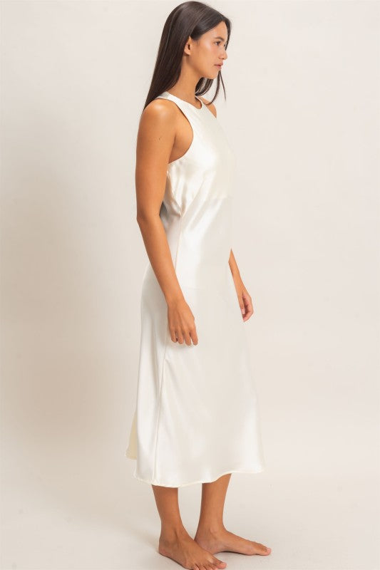 Women's Sleeveless Satin Midi Cream Dress