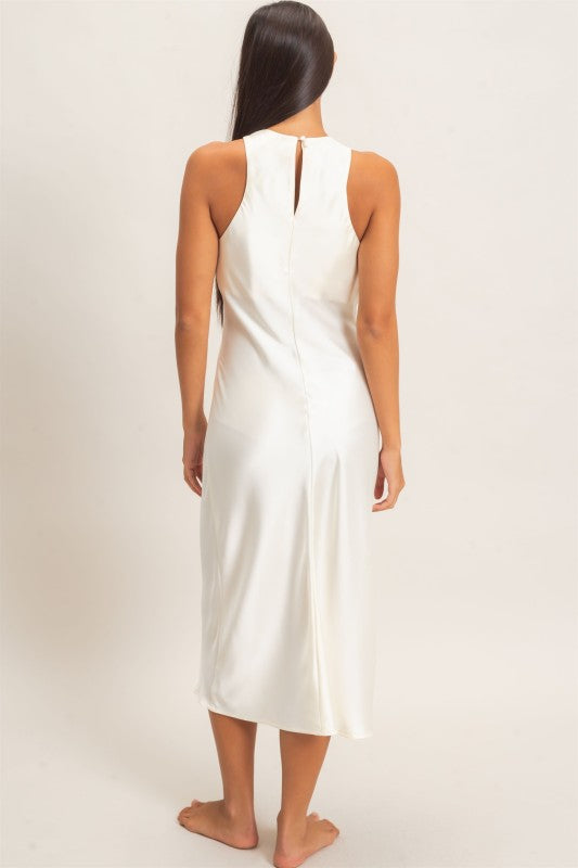 Women's Sleeveless Satin Midi Cream Dress