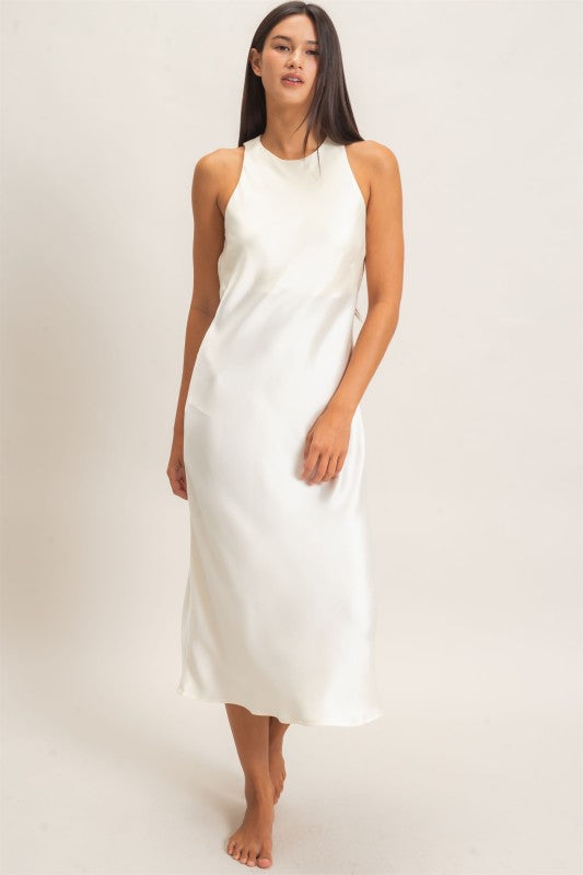 Women's Sleeveless Satin Midi Cream Dress
