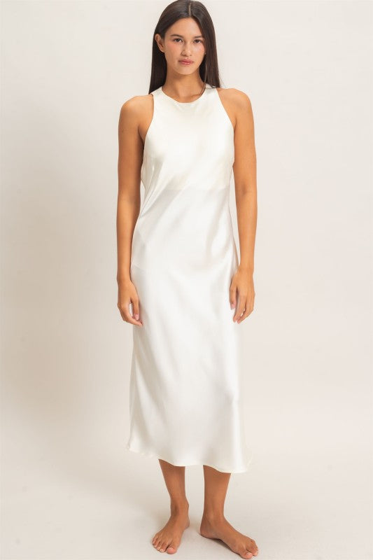Women's Sleeveless Satin Midi Cream Dress