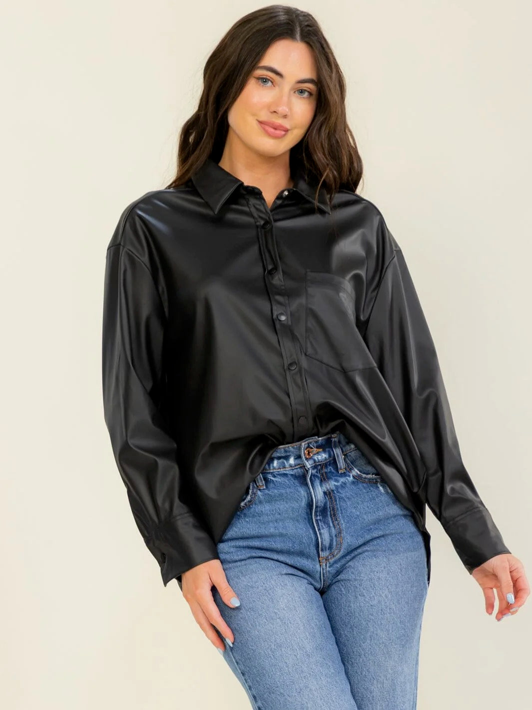 Entro Women's Long Sleeve Button Up Front Pocket PU Leather Shacket
