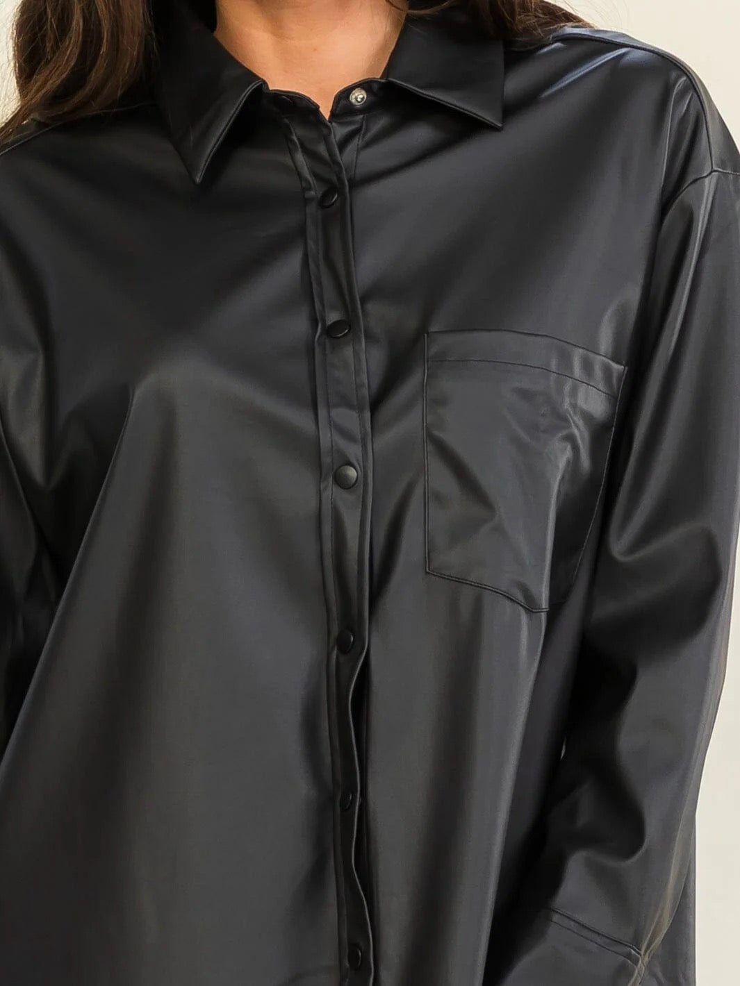 Entro Women's Long Sleeve Button Up Front Pocket PU Leather Shacket