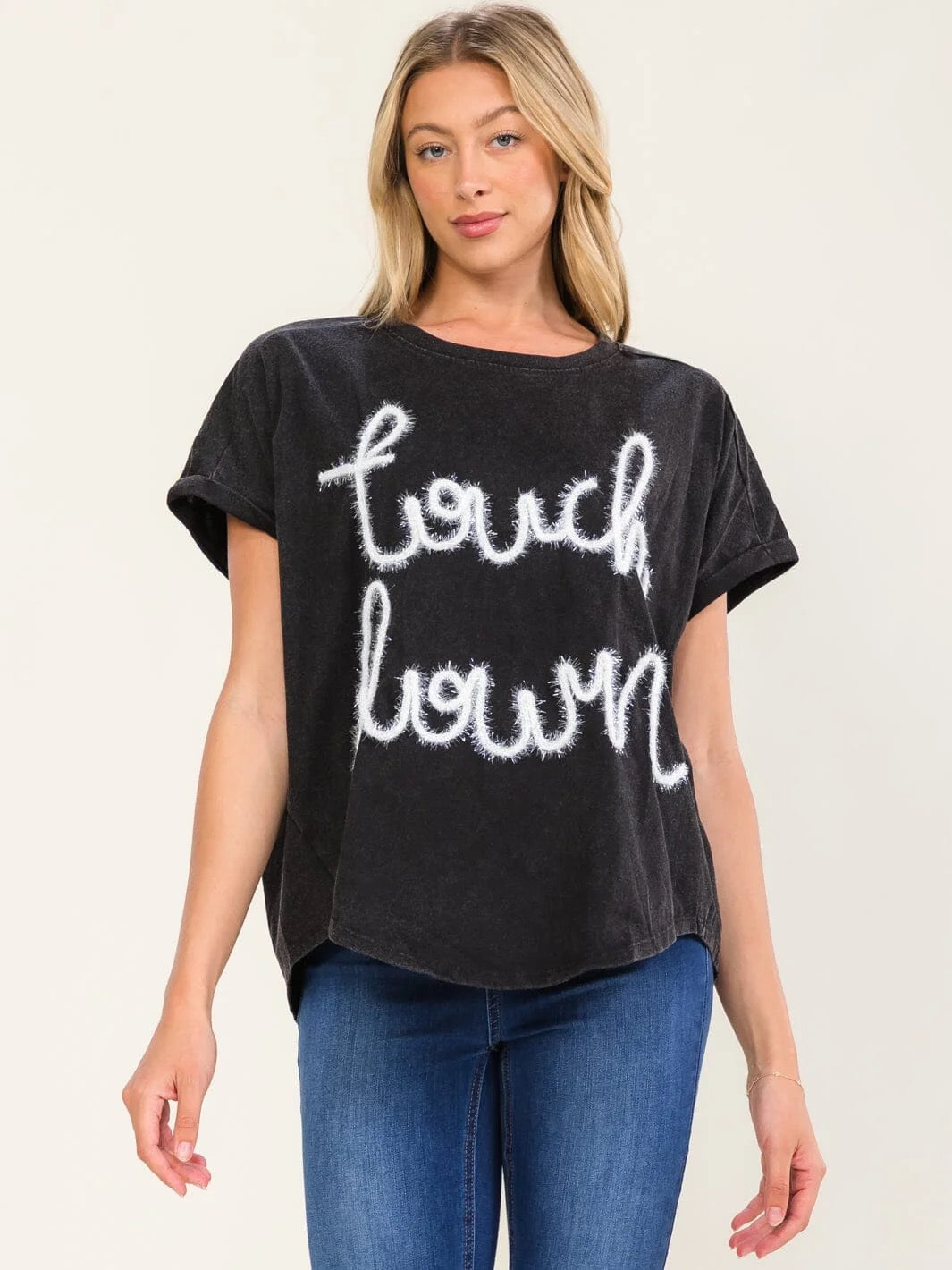 Woman's Short Sleeve High-Low Touchdown Washed Top (White Lettering)