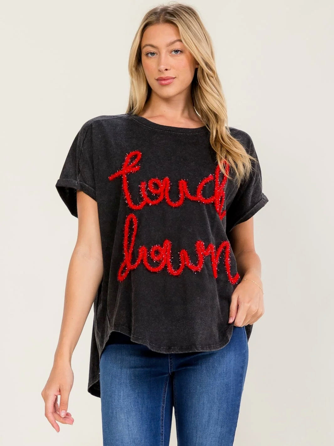 Woman's Short Sleeve High-Low Touchdown Washed Top (Red Lettering)
