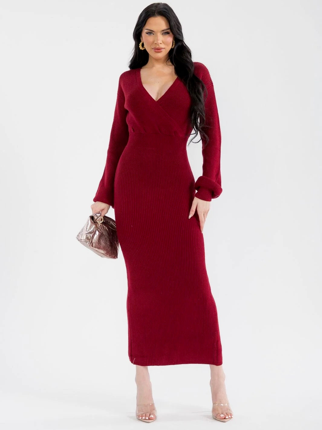 Women's Long Sleeve Surplice Ribbed Bodycon Maxi Dress
