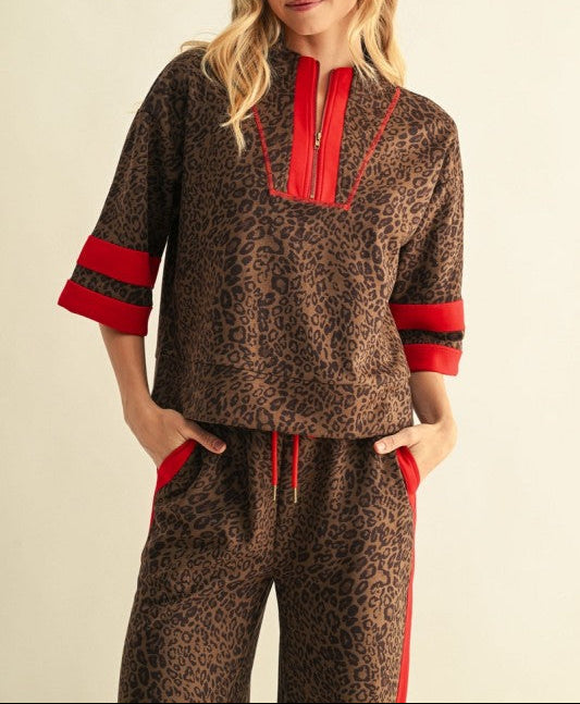 Women's Contrast Detail Faux Suede Leopard Top