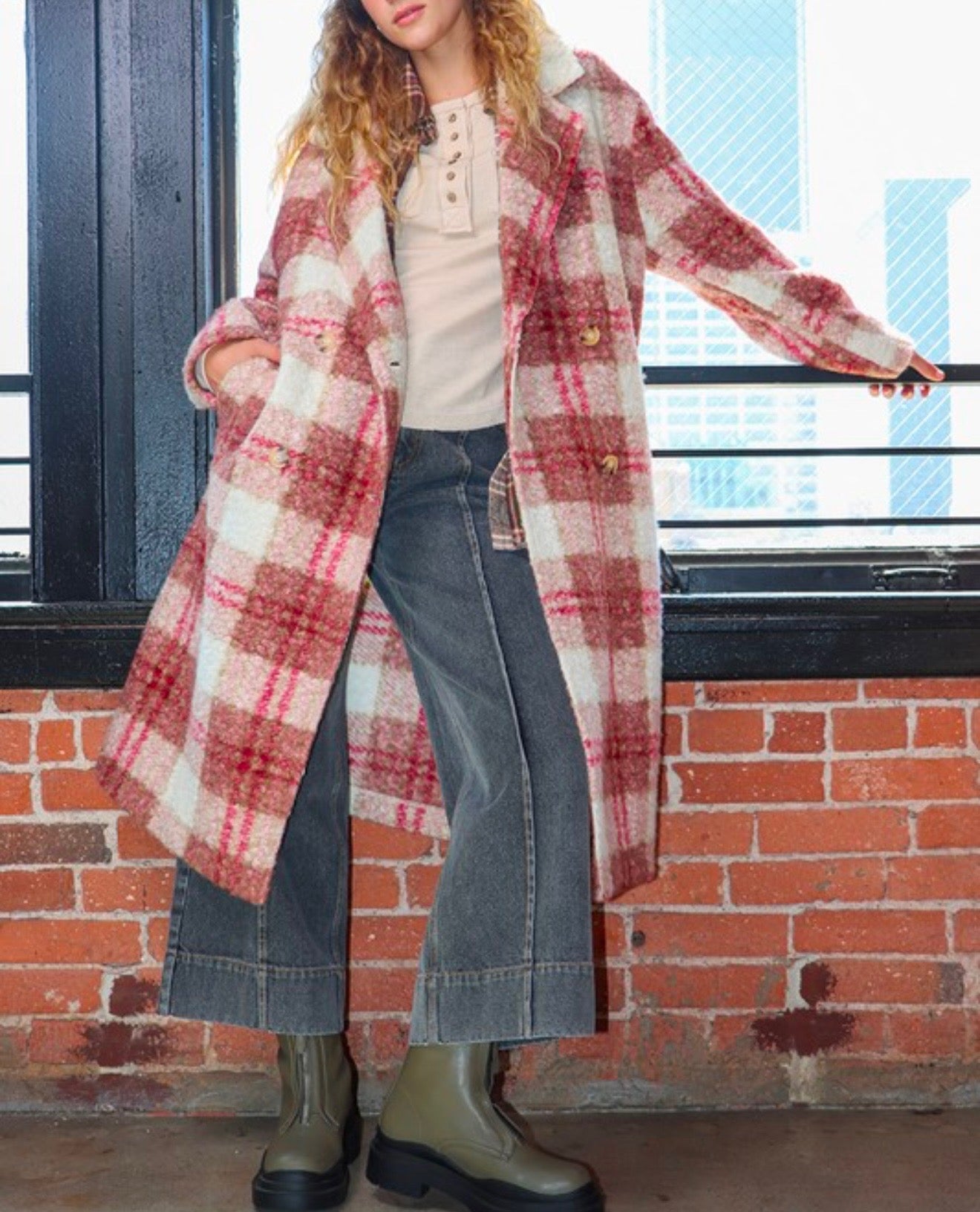 Oversized Plaid Soft Fuzzy Button Down Long Coat (Rose Mix) Sold out
