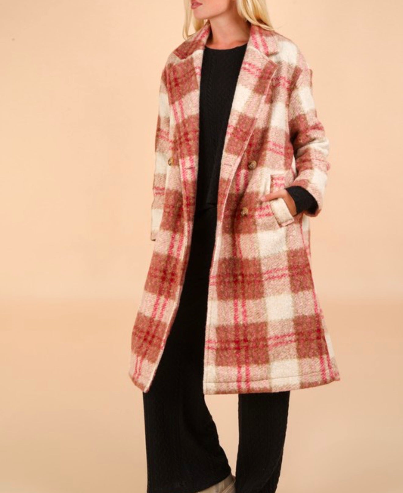 Oversized Plaid Soft Fuzzy Button Down Long Coat (Rose Mix) Sold out