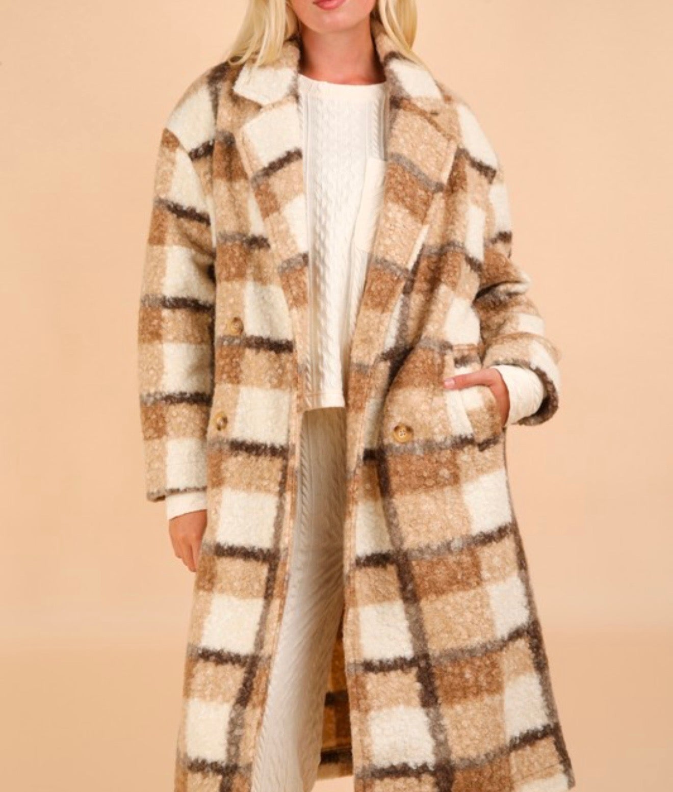 Oversized Plaid Soft Fuzzy Button Down Long Coat (Mocha Mix)
