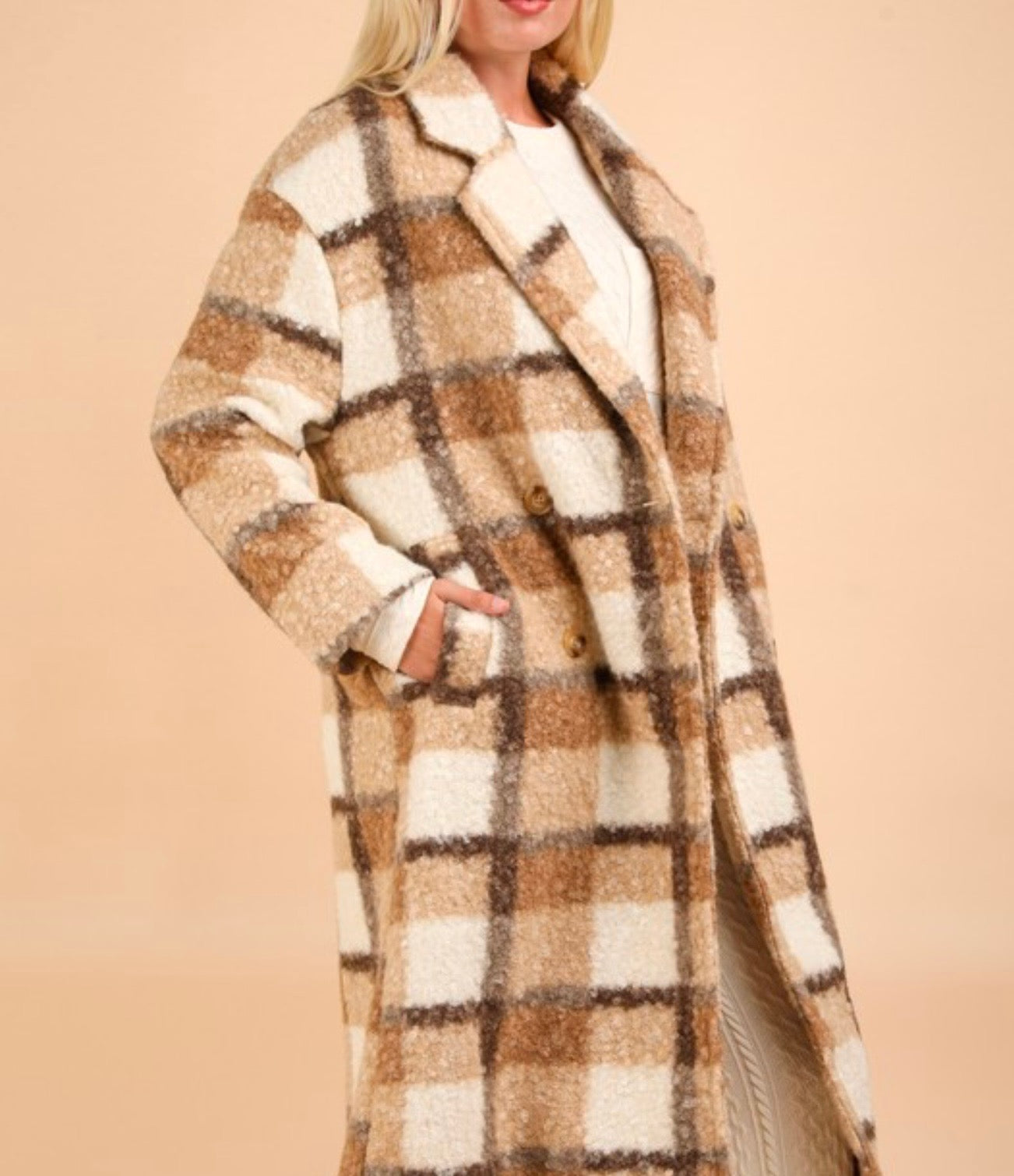 Oversized Plaid Soft Fuzzy Button Down Long Coat (Mocha Mix)