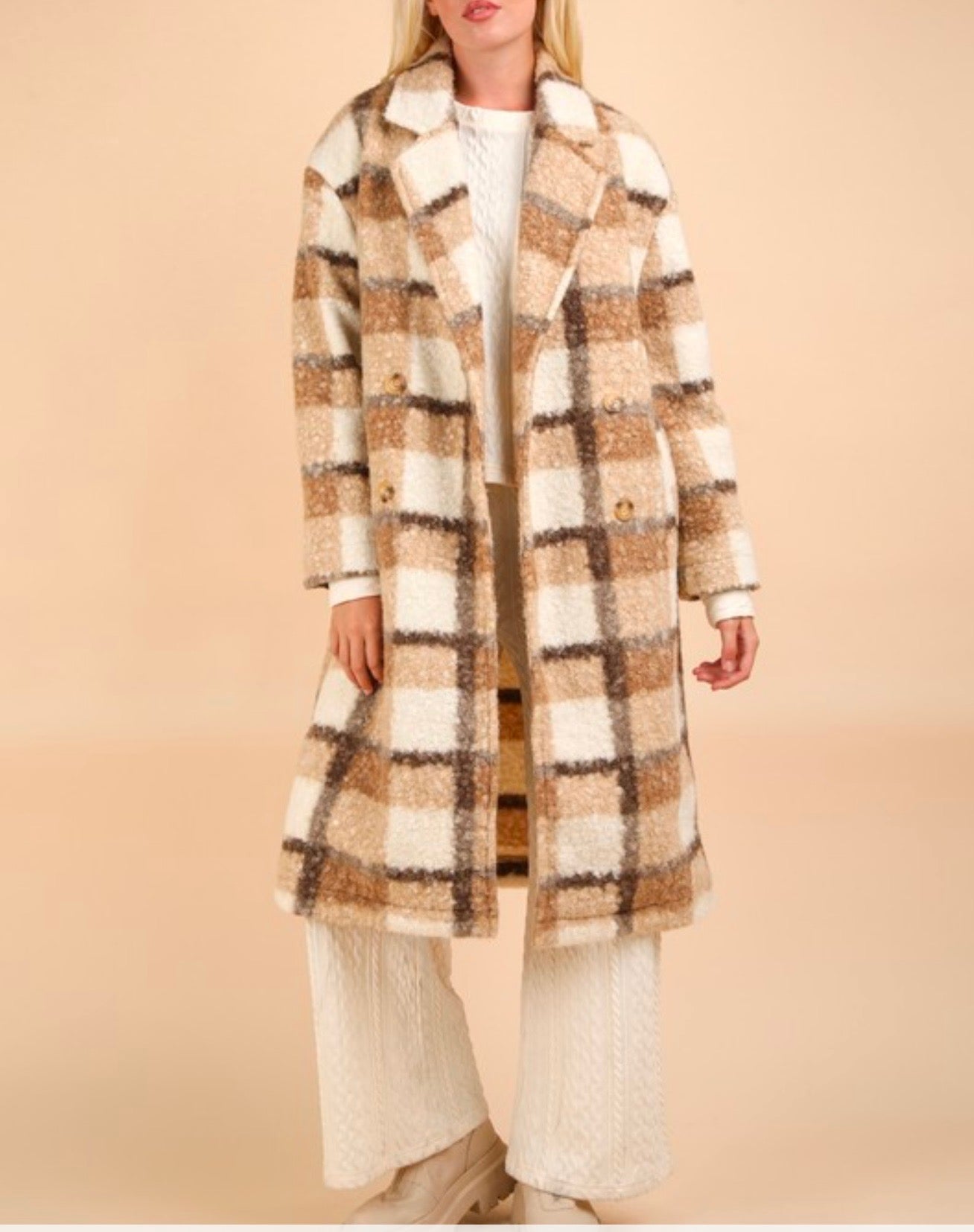 Oversized Plaid Soft Fuzzy Button Down Long Coat (Mocha Mix)