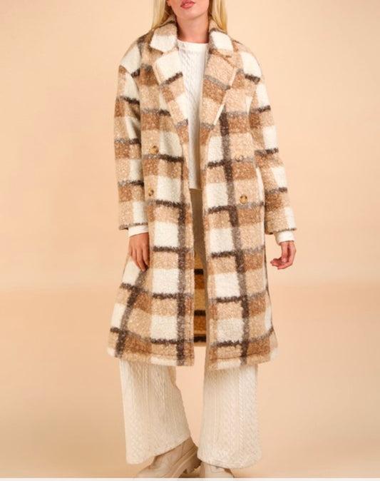 Oversized Plaid Soft Fuzzy Button Down Long Coat (Mocha Mix)