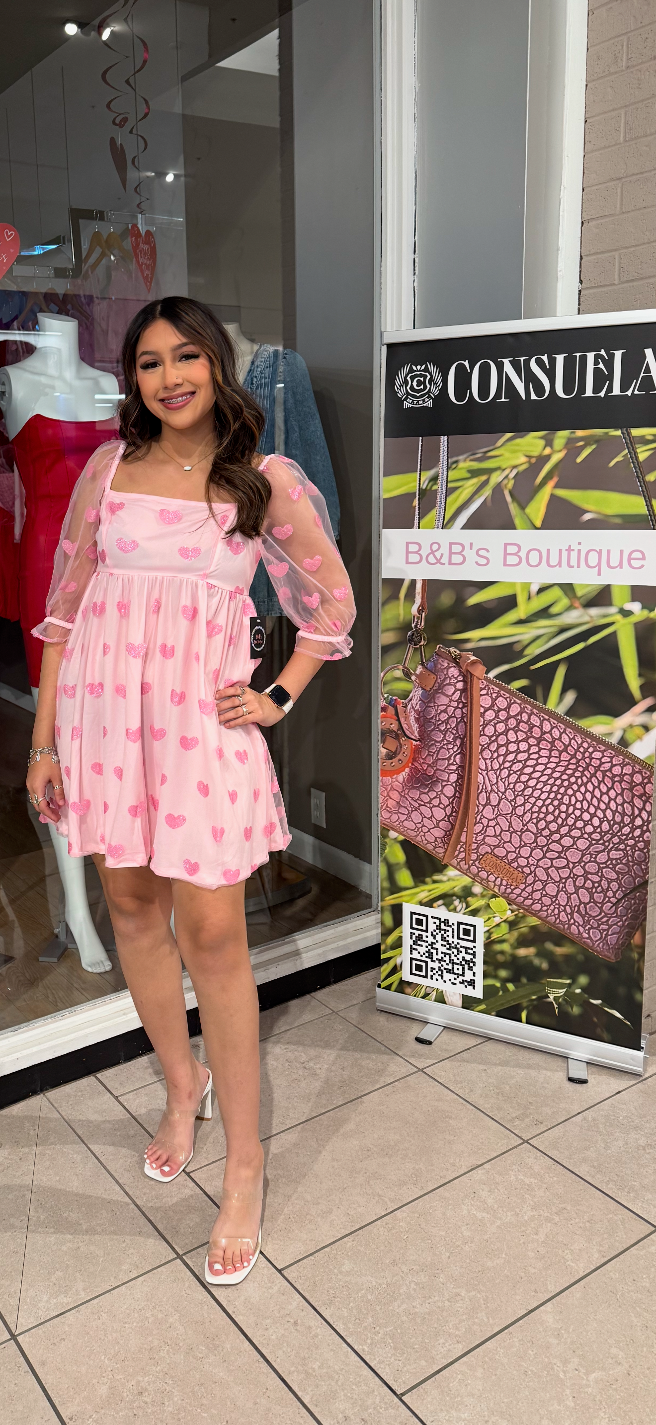 Baby Pink Sparkling Glitter Heart Patch Babydoll Dress