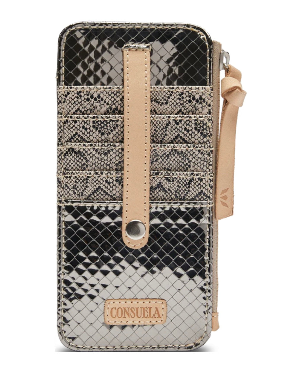 Snakeskin patterned wallet with beige accents and 'Consuela' branding on a white background