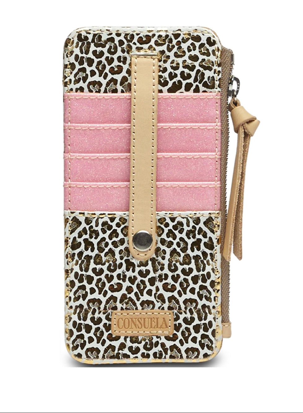 Phone case with leopard print and pink stripe on a white background