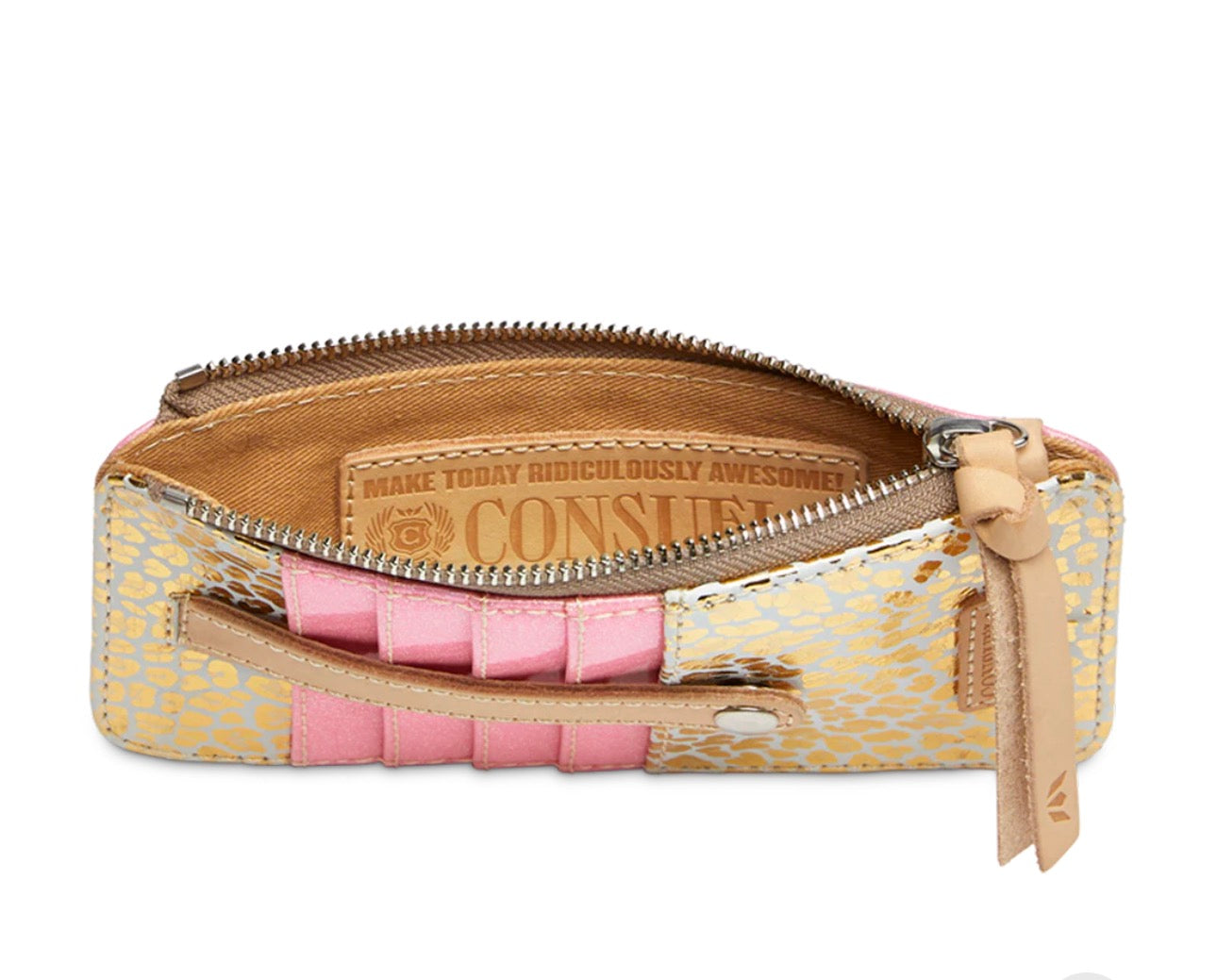 Small pouch with pink interior and visible brand logo on a white background