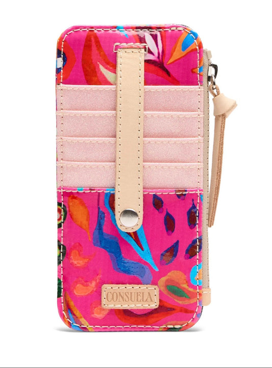 Colorful wallet with floral pattern and pink strap on a white background