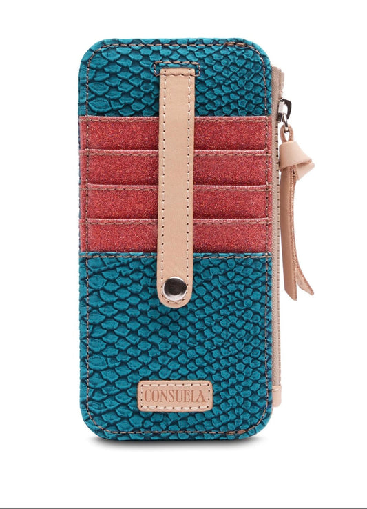 Turquoise phone case with snake skin pattern and pink strap on a white background
