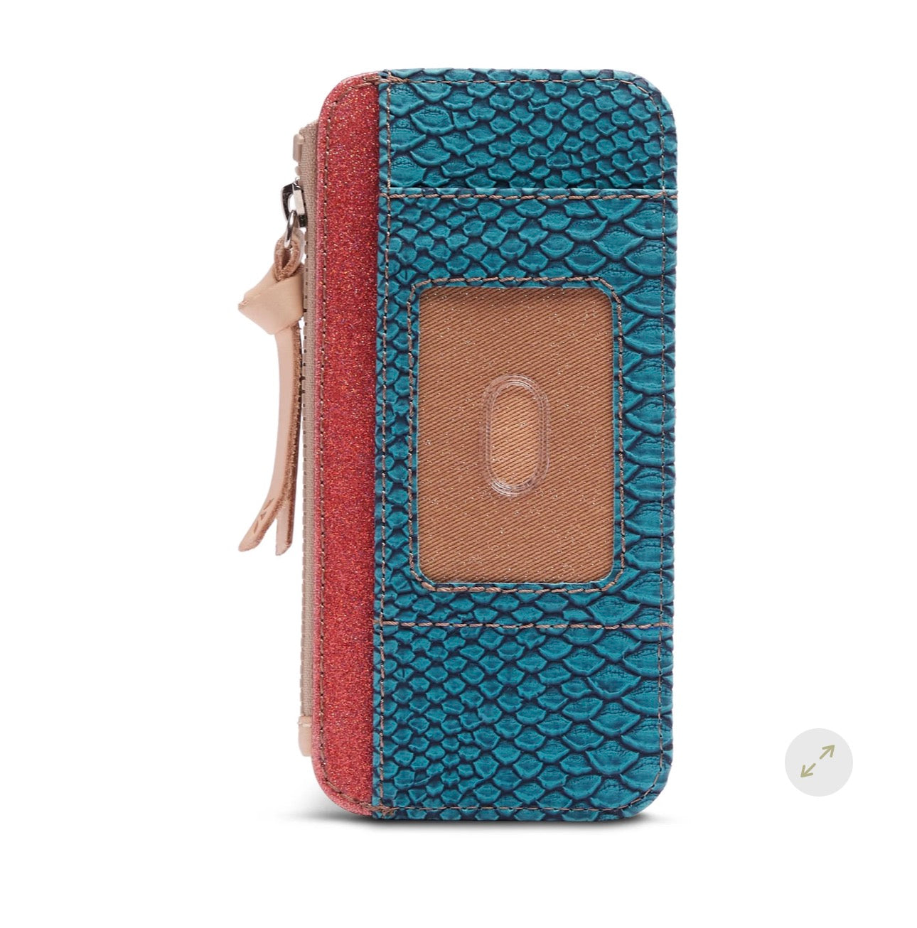 Turquoise textured wallet with a red stripe on a white background