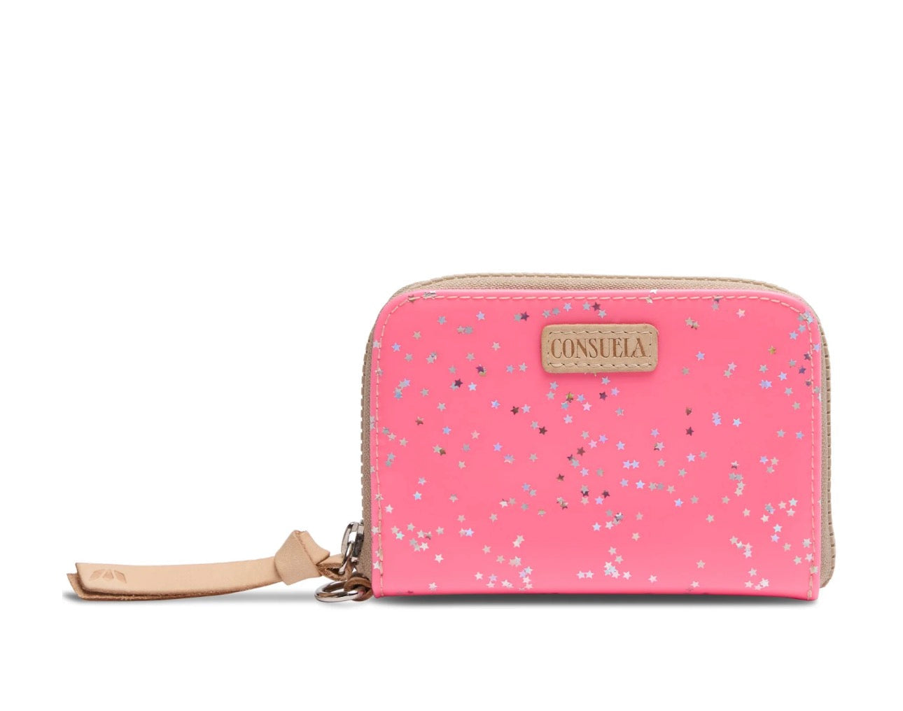 Pink glittery wallet with a visible brand logo on a white background