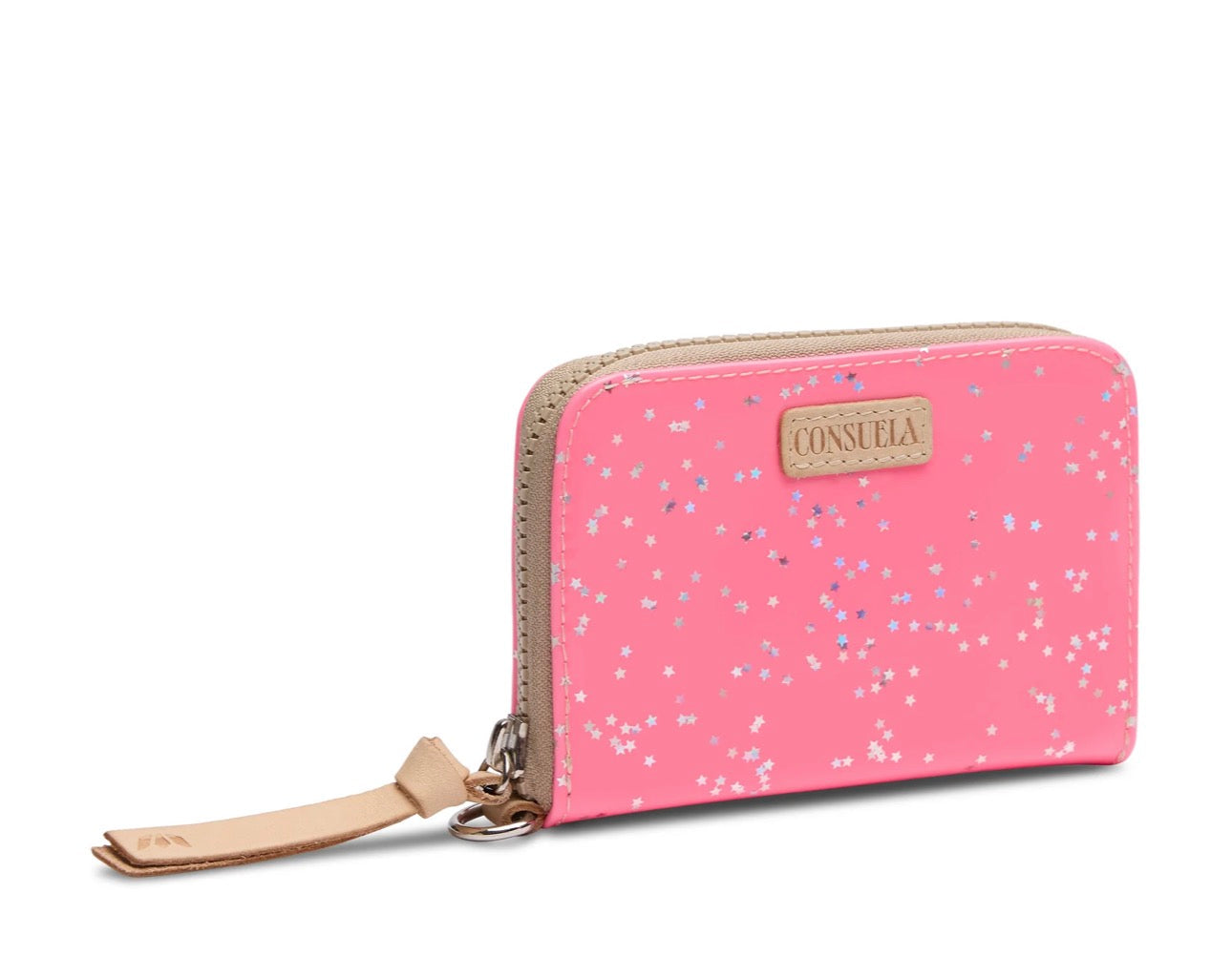 Pink glittery wallet with a strap on a white background