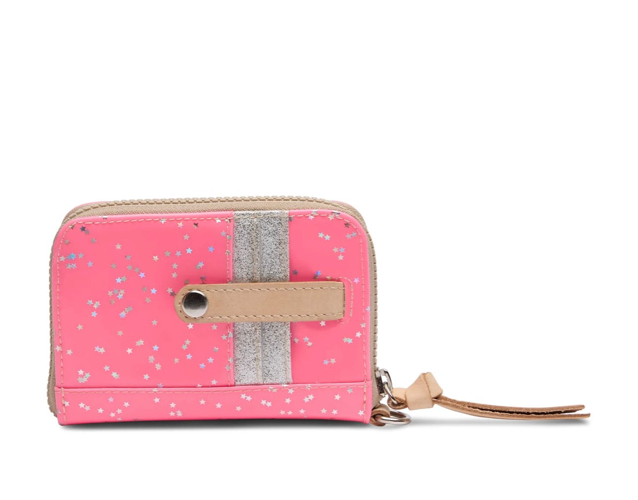 Pink wallet with glittery stripe and keychain on a white background