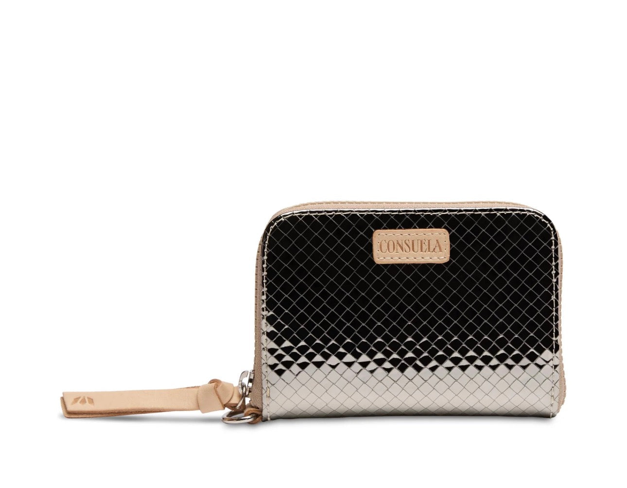Black and beige wallet with a visible brand logo on a white background