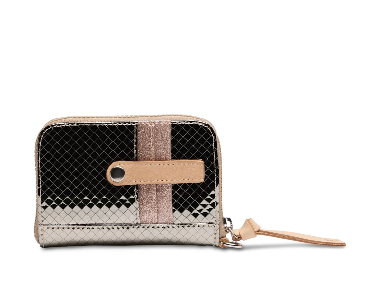 Small wallet with black and beige pattern on a white background
