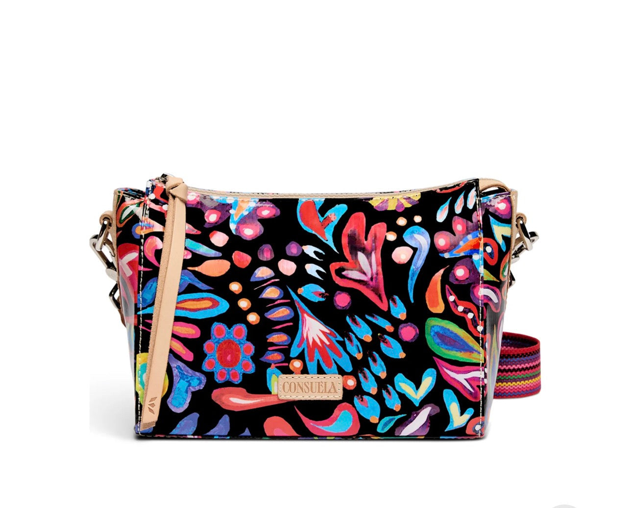 Colorful floral-patterned handbag with a brand logo on a white background