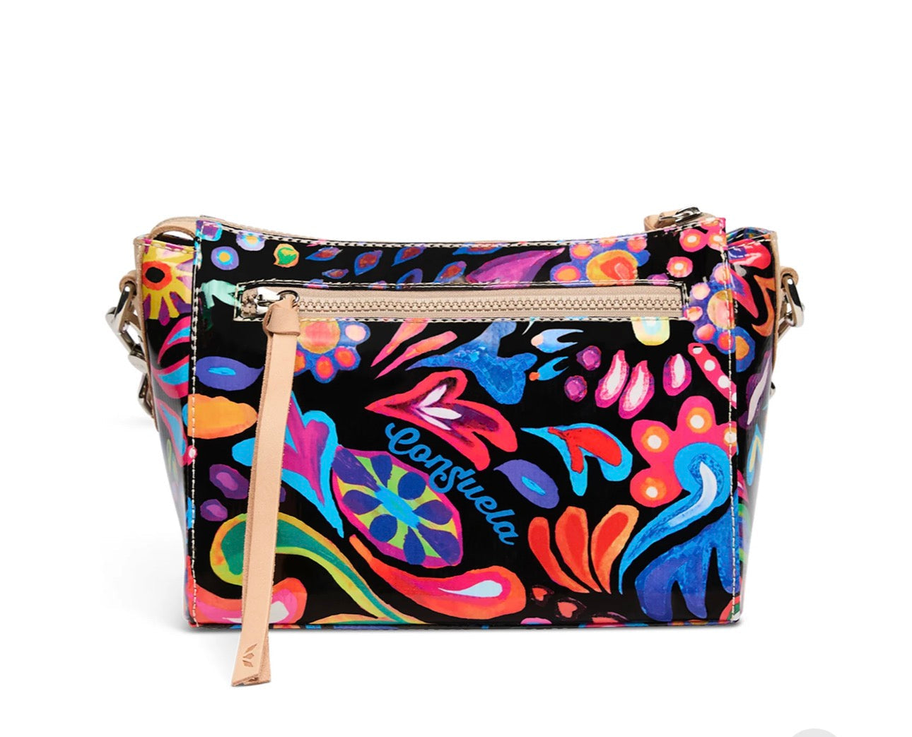 Colorful handbag with floral design on a white background