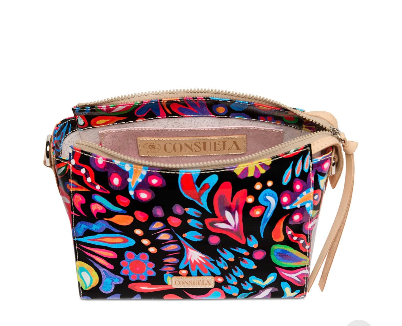 Colorful floral-patterned handbag with 'Consuela' branding on a white background