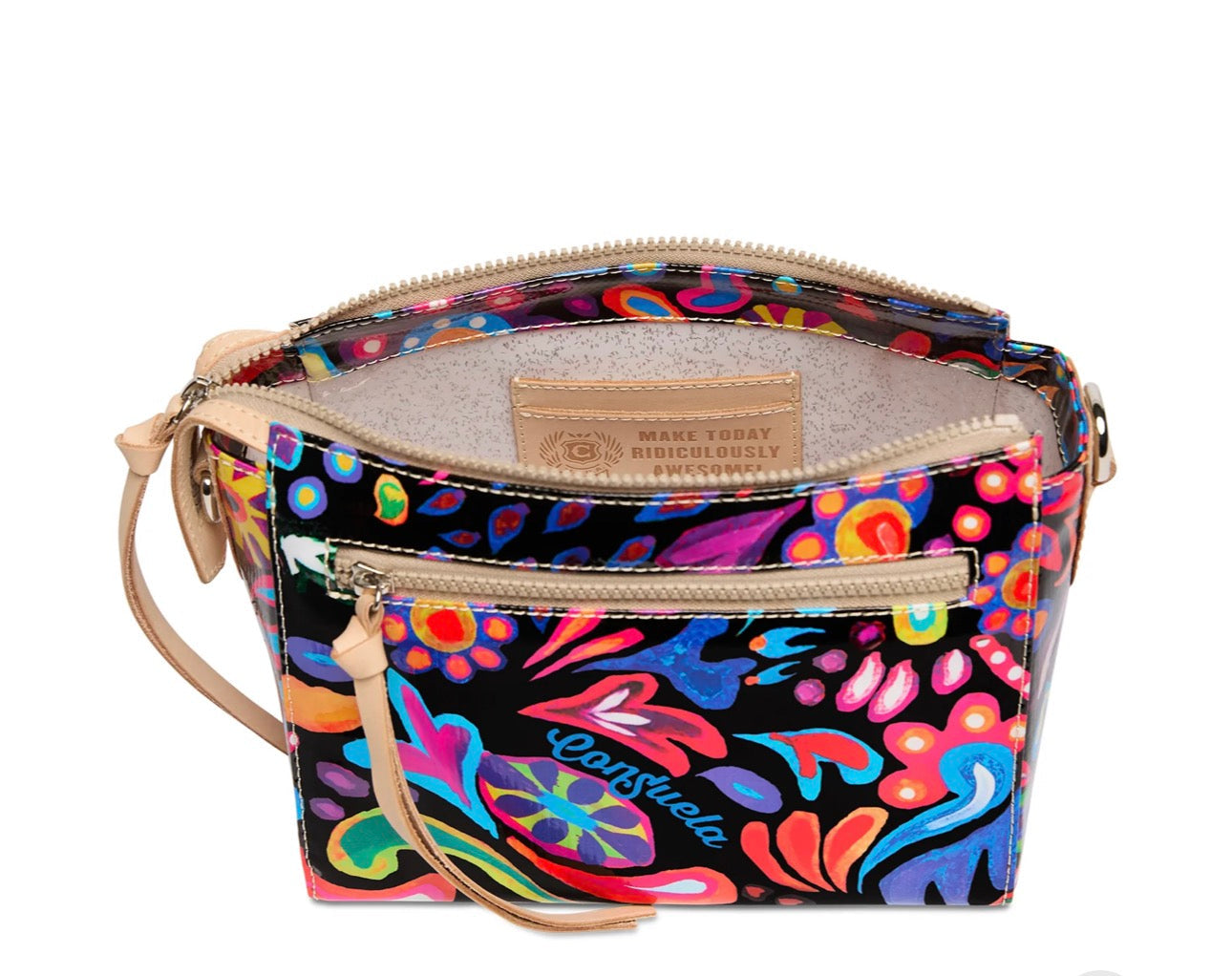Colorful patterned handbag with a visible brand label on a white background