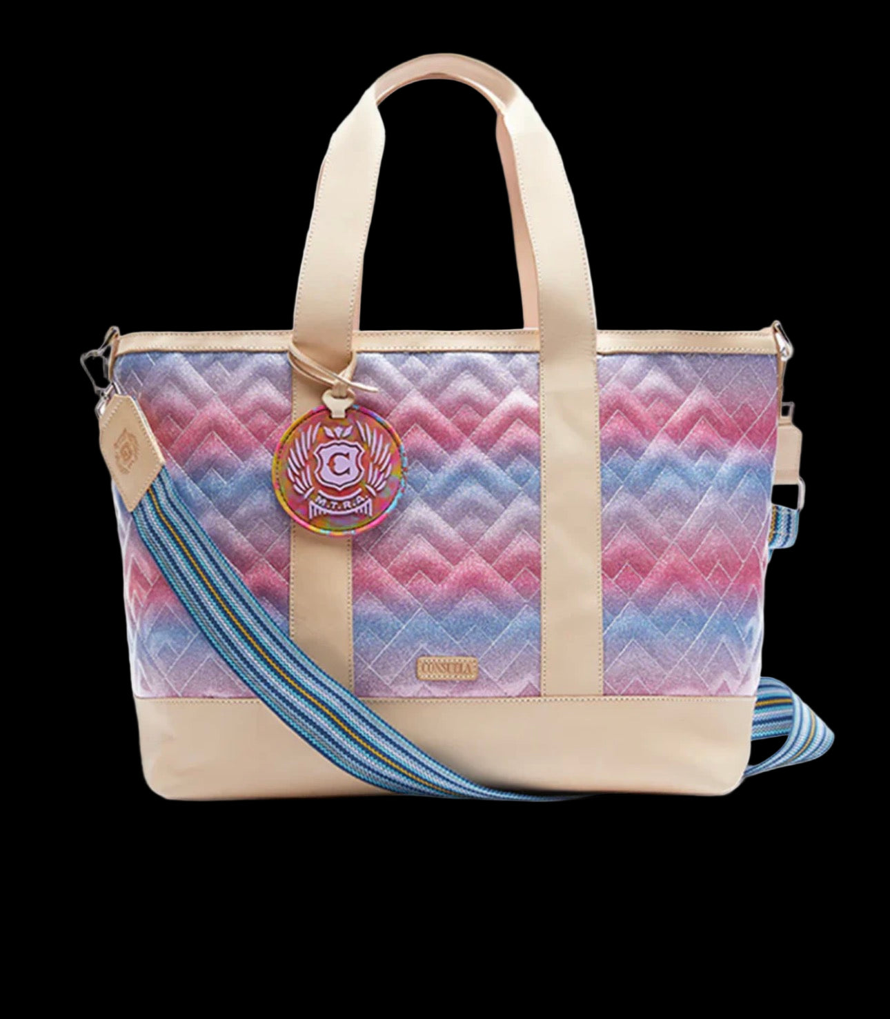 Multicolored quilted bag with a strap and visible brand logo on a white background