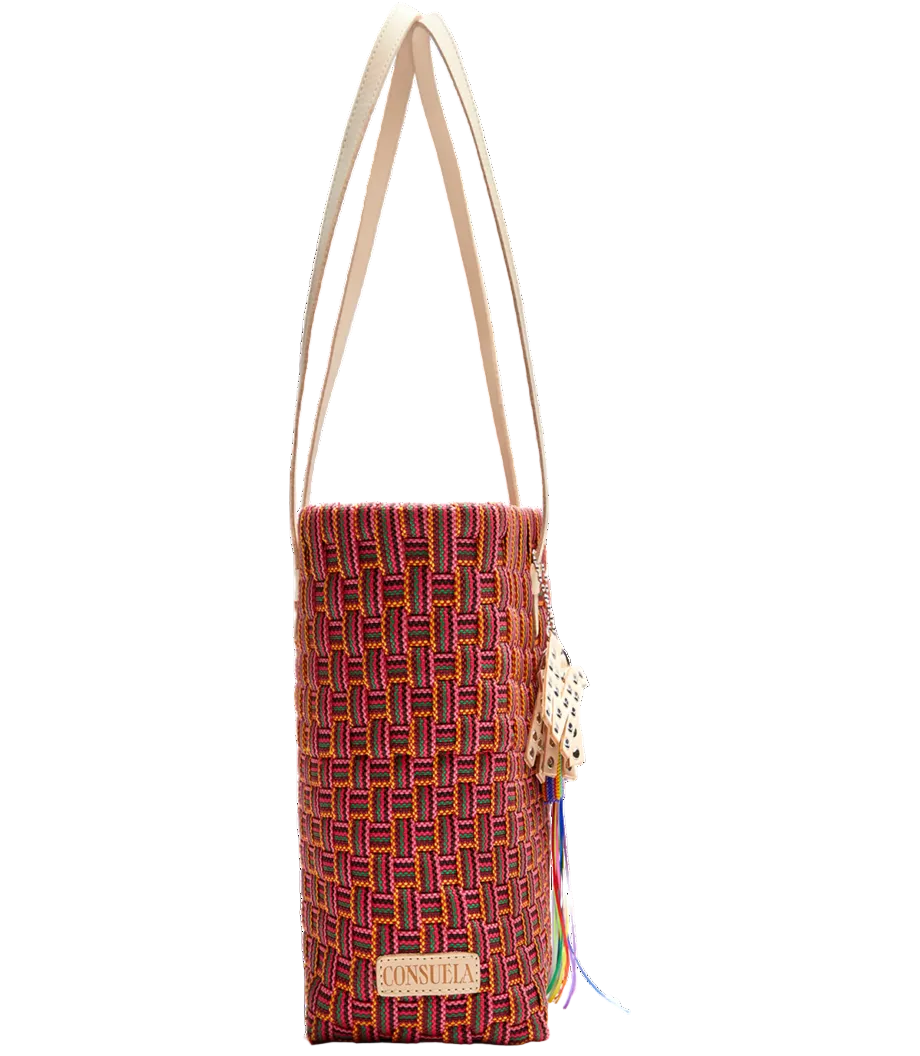 Colorful woven bag with a strap on a white background