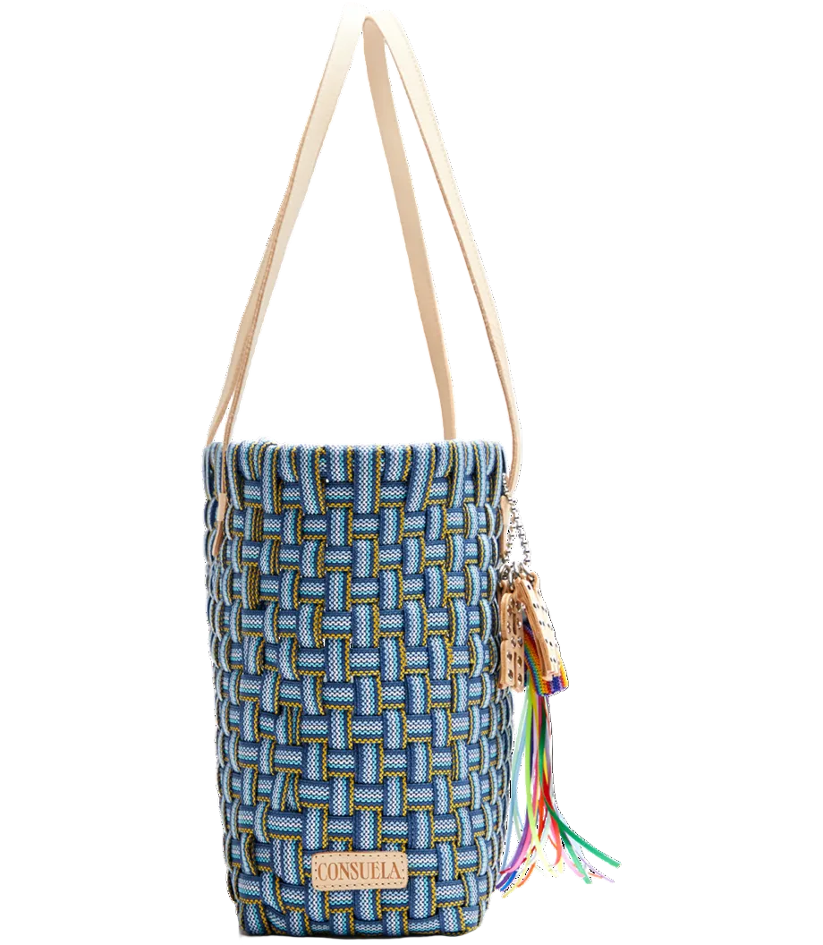 Blue woven handbag with a colorful strap on a white background
