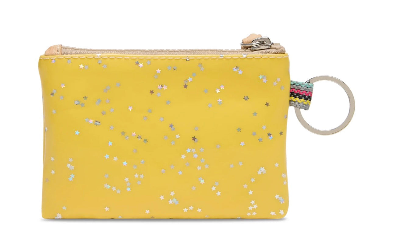 Yellow glittery pouch with a keychain on a white background