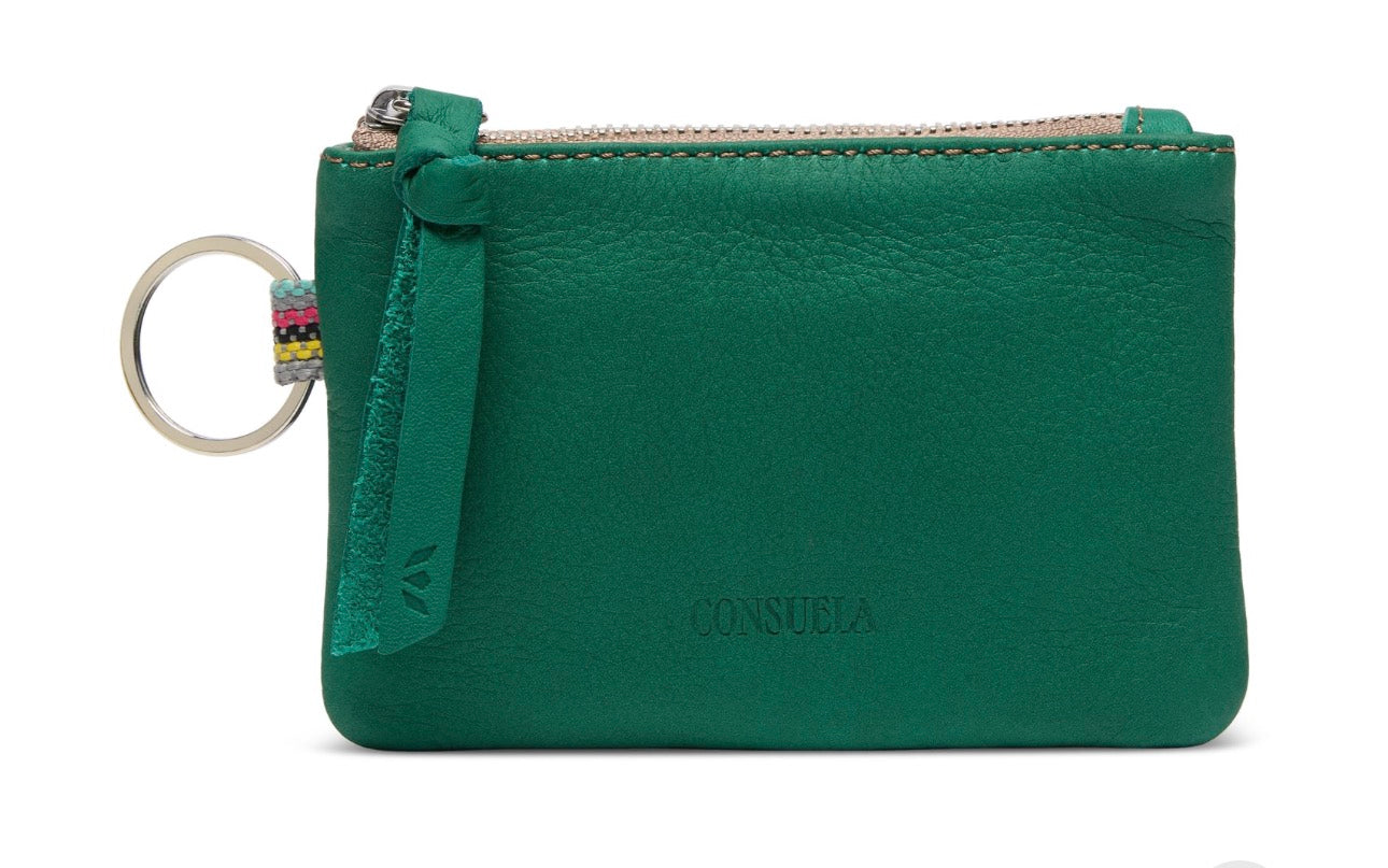 Green leather wallet with key ring on a white background